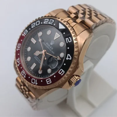 ساعت مردانه رولکس رزگلد صفحه مشکی مدل جی ام تی GMT مسترکوالیتی موتور ژاپن