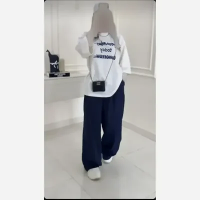 شلوار بگ زنانه پارچه مازراتی گرم بالا فری سایز رنگ کرم و سرمه ای